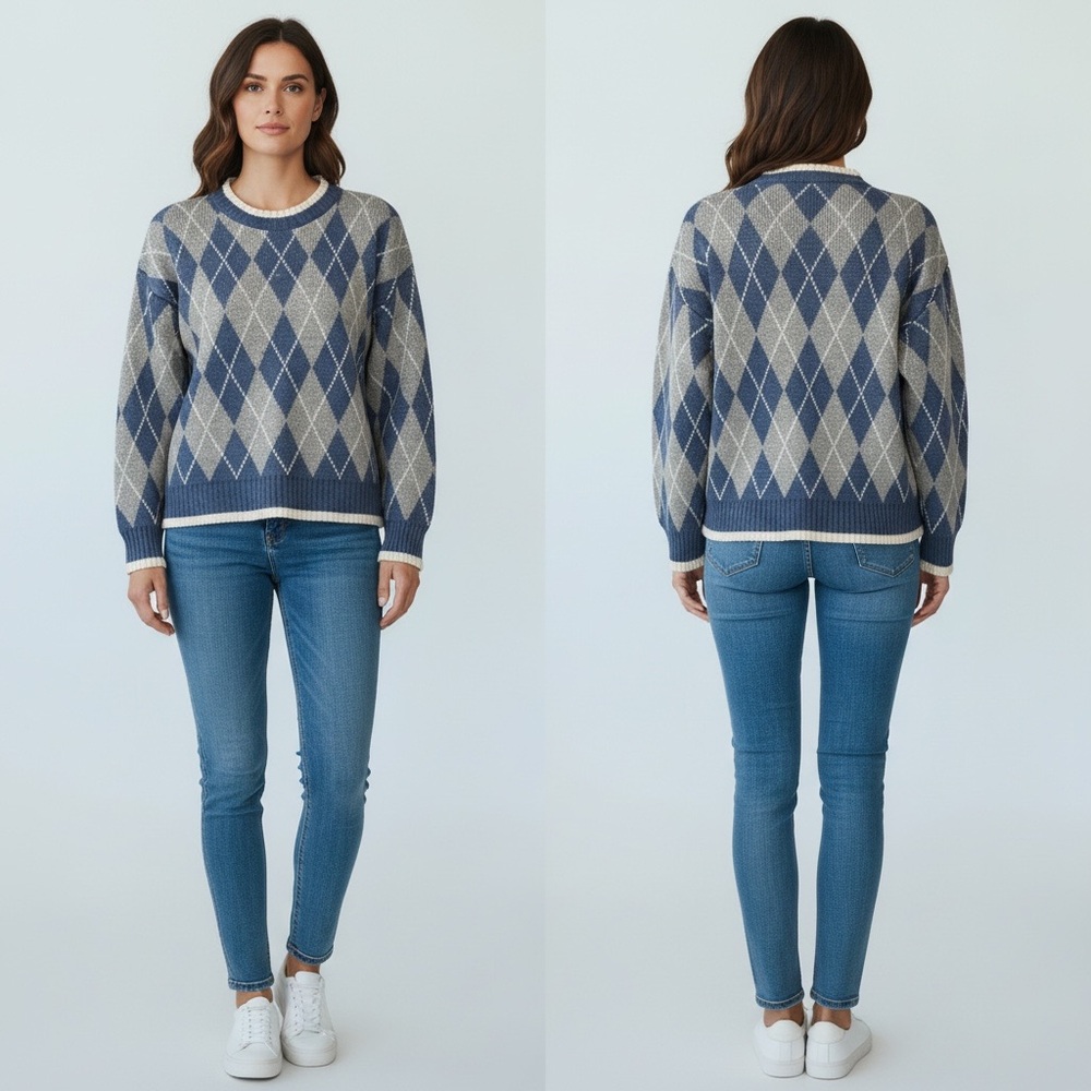 Vintage Blue Gray Argyle Sweater Wool Blend Crewneck Preppy Classic Sz M